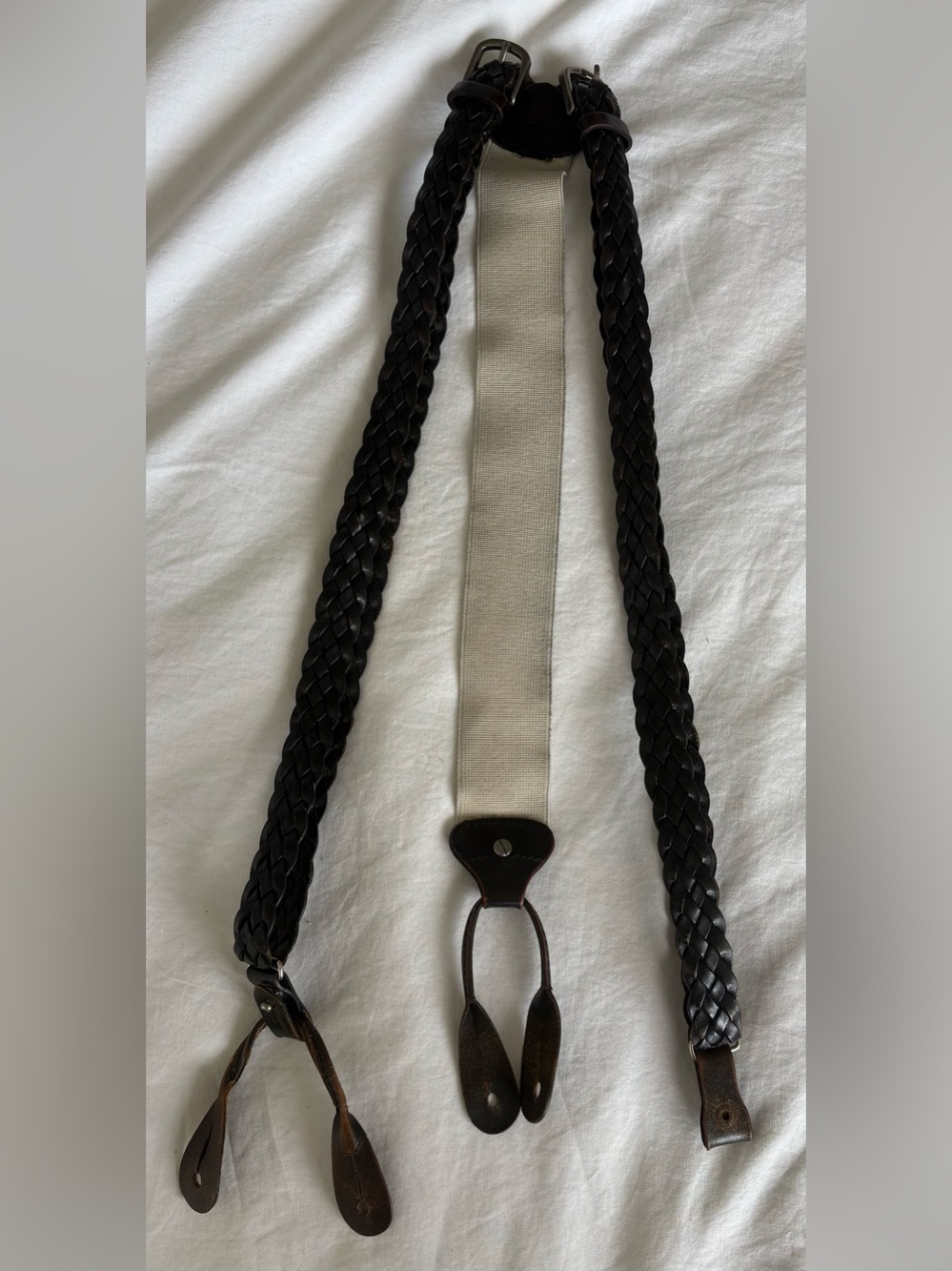 VTG Dark Brown Braided Leather Suspenders Y-Back Elastic Braces Steampunk Boho